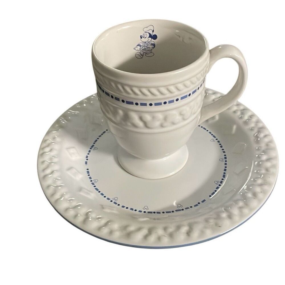 GOURMET DISNEY 10 oz Pedestal Mug 8” Saucer Blue Embossed Mickey Set Retired